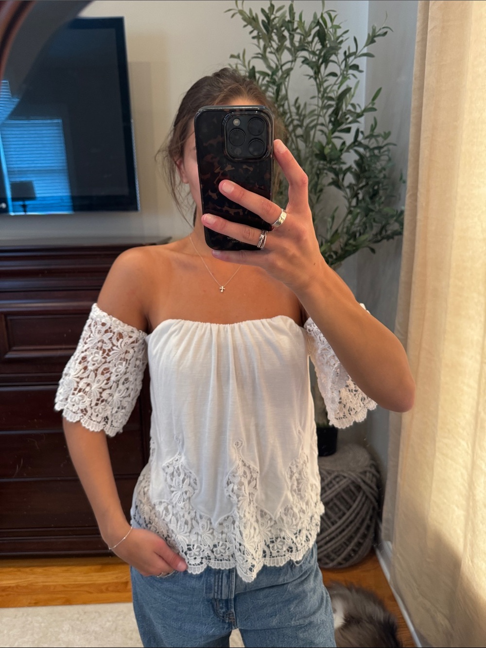 Size small White House Black Market White Off-Shoulder Lace Trim Blouse